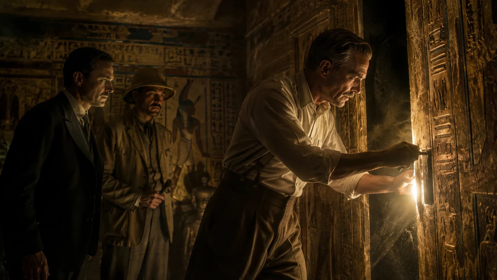 Howard Carter and companions opening a sealed doorway inside Tutankhamun's tomb by candlelight