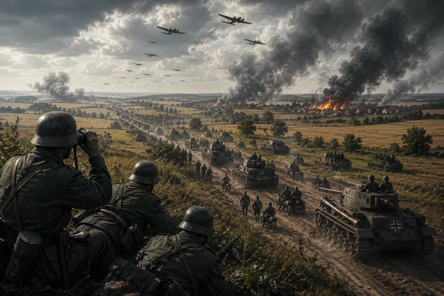 German columns moving east in 1941 as Soviet cities burn and civilians flee the widening front.