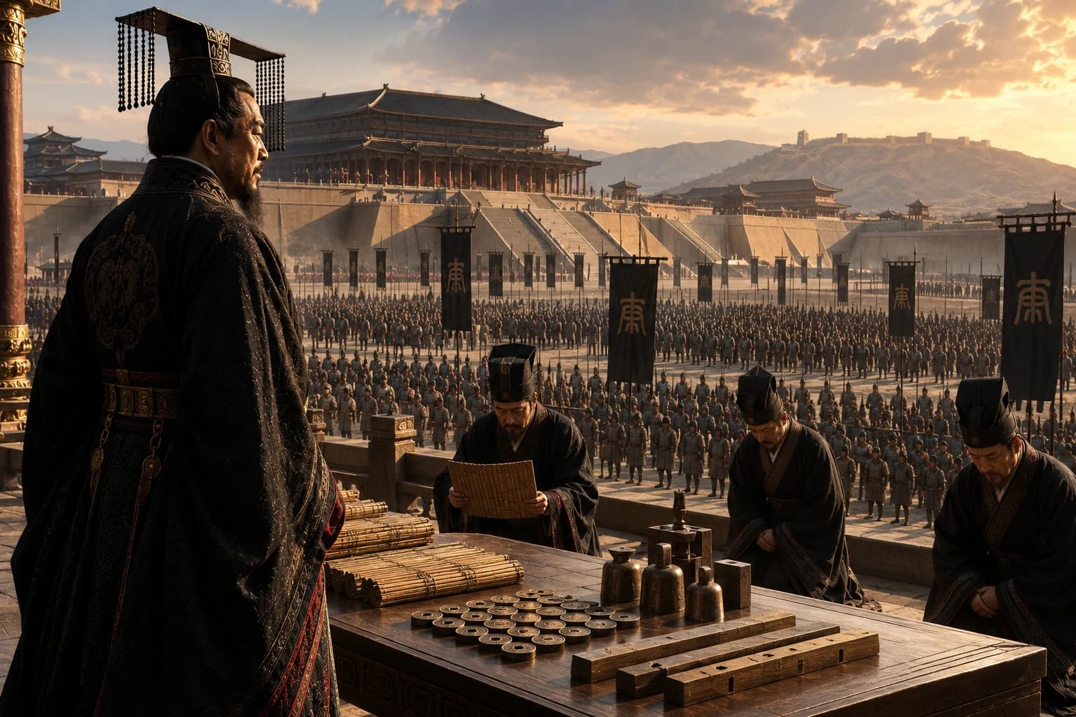 Qin Shi Huang overlooking officials, soldiers, standard weights, coins, and bamboo records after the unification of China.