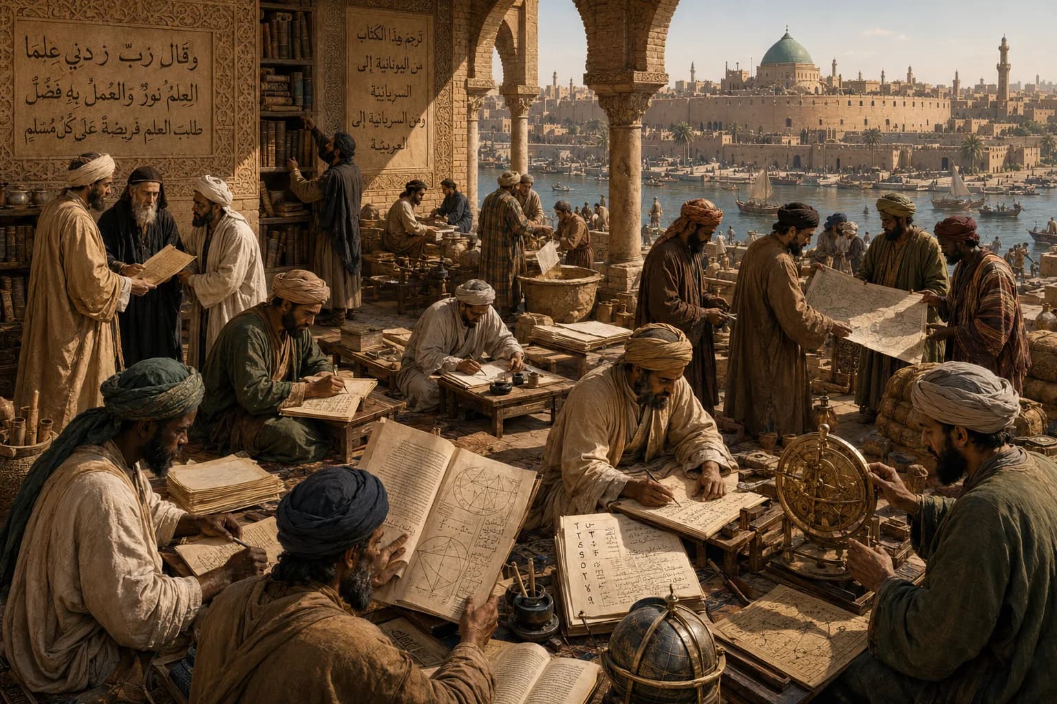 Scholars, translators, merchants and astronomers working beside books, maps and instruments in Abbasid Baghdad.