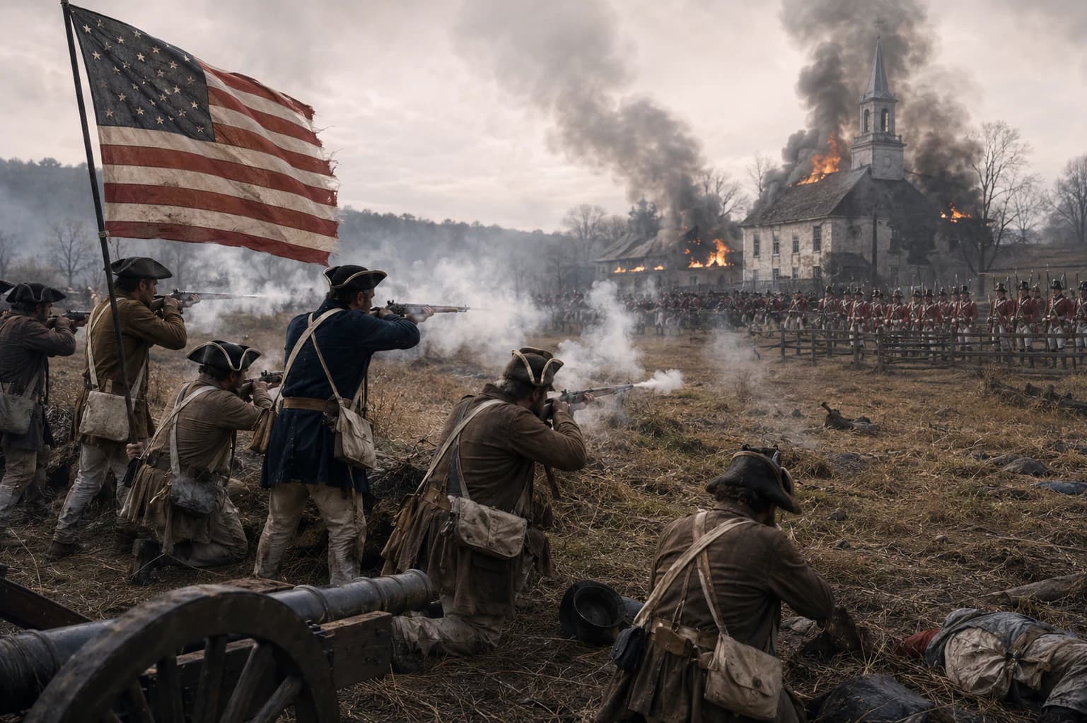 American revolutionaries and British troops facing each other during the struggle for independence.