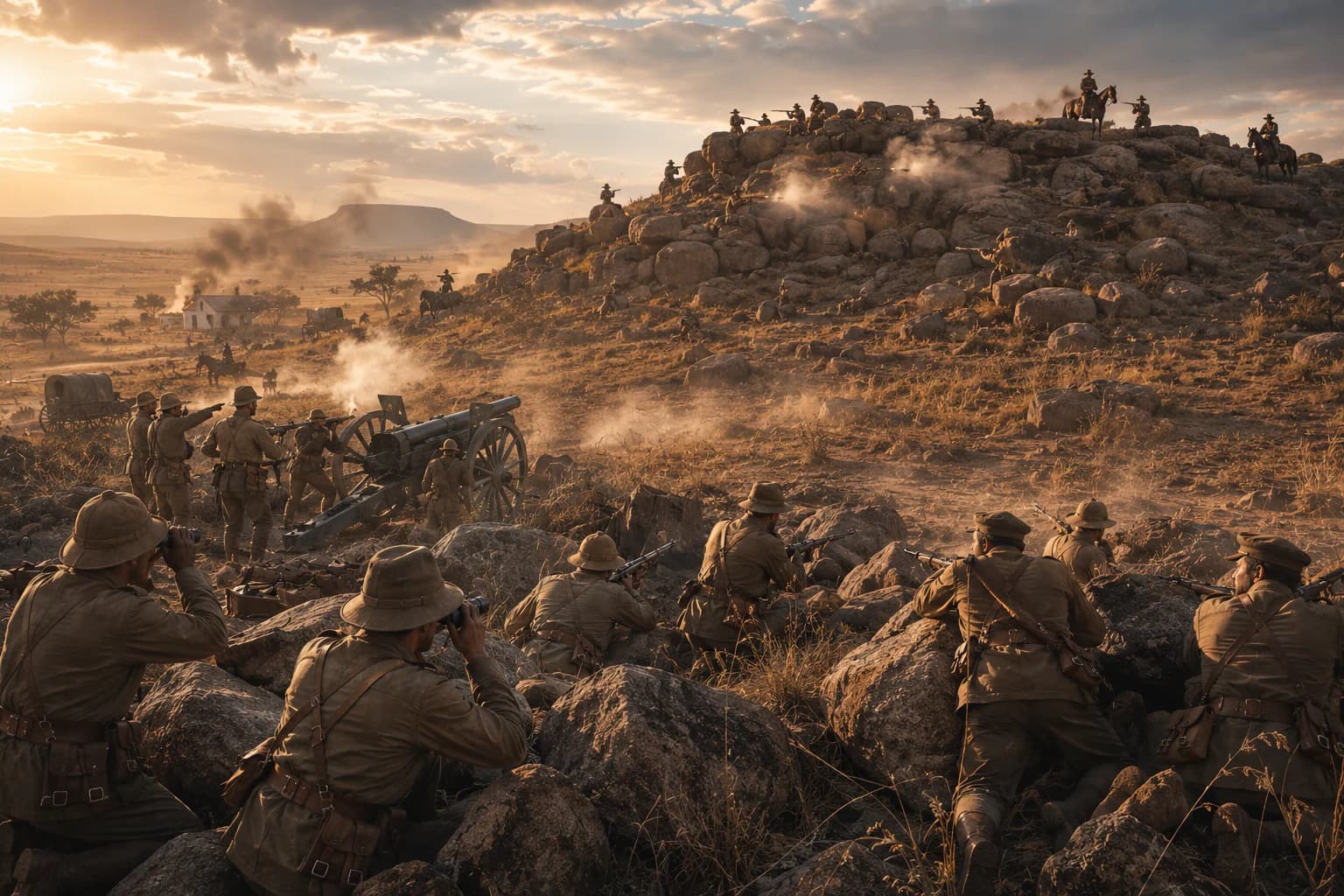 British imperial soldiers and Boer fighters on the South African veld during the Anglo-Boer War.