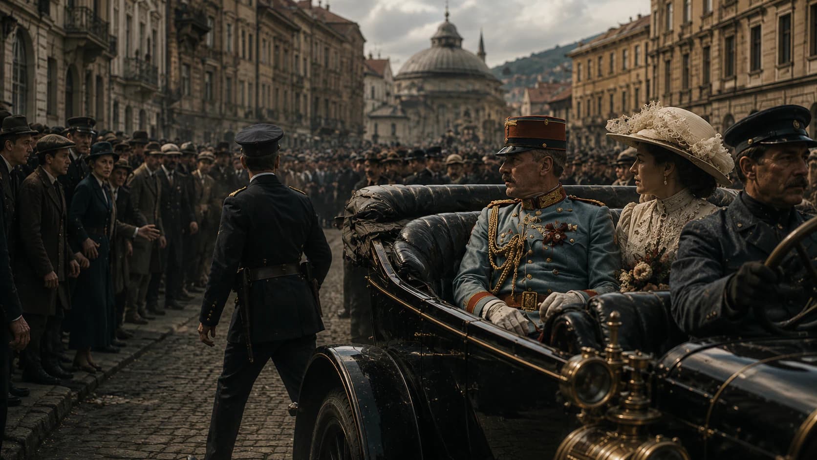 Archduke Franz Ferdinand and Sophie in an open car moving through Sarajevo before the assassination