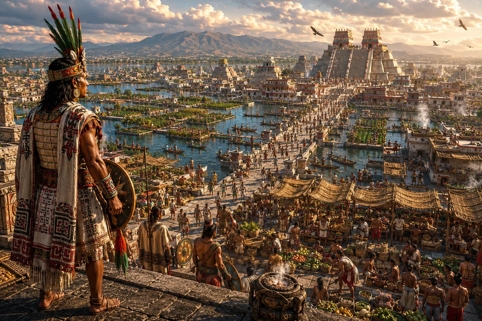 Tenochtitlan rising from Lake Texcoco with temples, causeways and Aztec warriors.