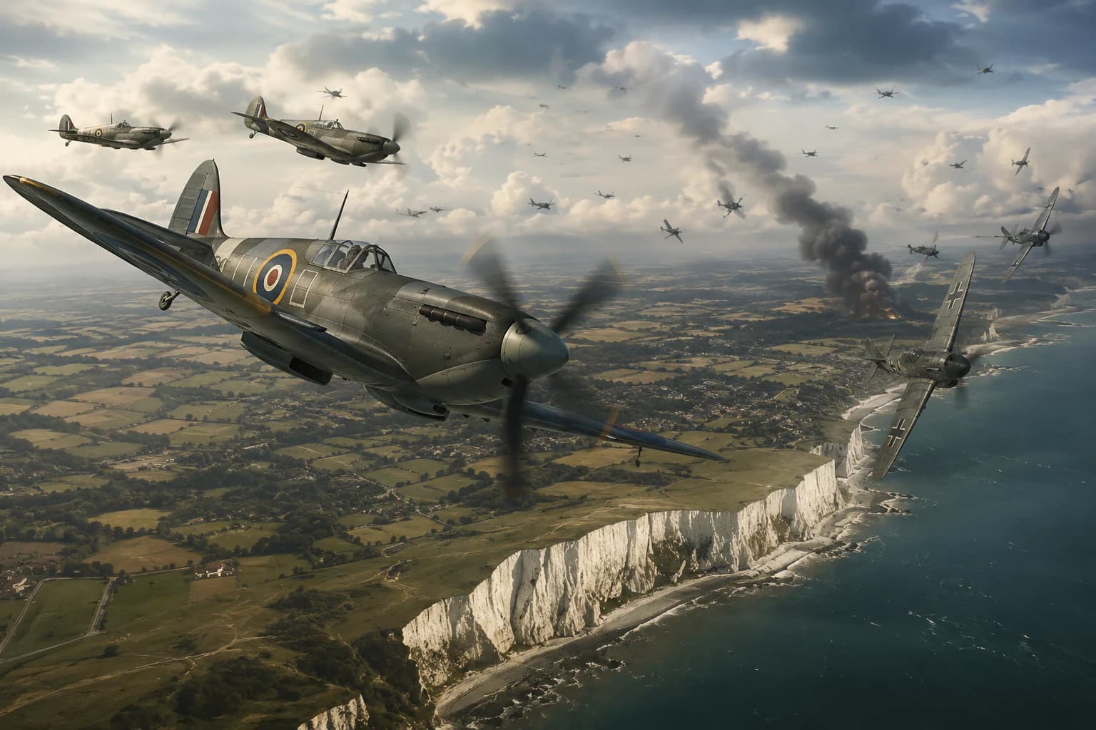 RAF fighters and German bombers over southern England as searchlights and fires mark the opening of the Blitz in 1940.