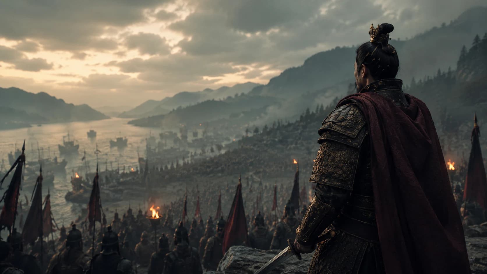 King Wu of Zhou overlooking an army before the Battle of Muye at dawn