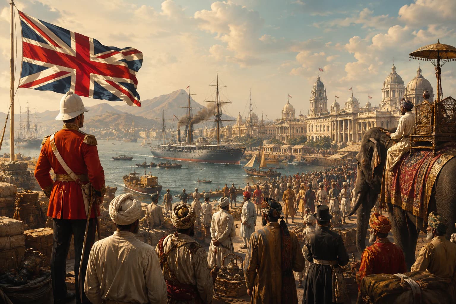 A sweeping view of ships, ports, colonies, and anti-colonial protests across centuries of British imperial history.