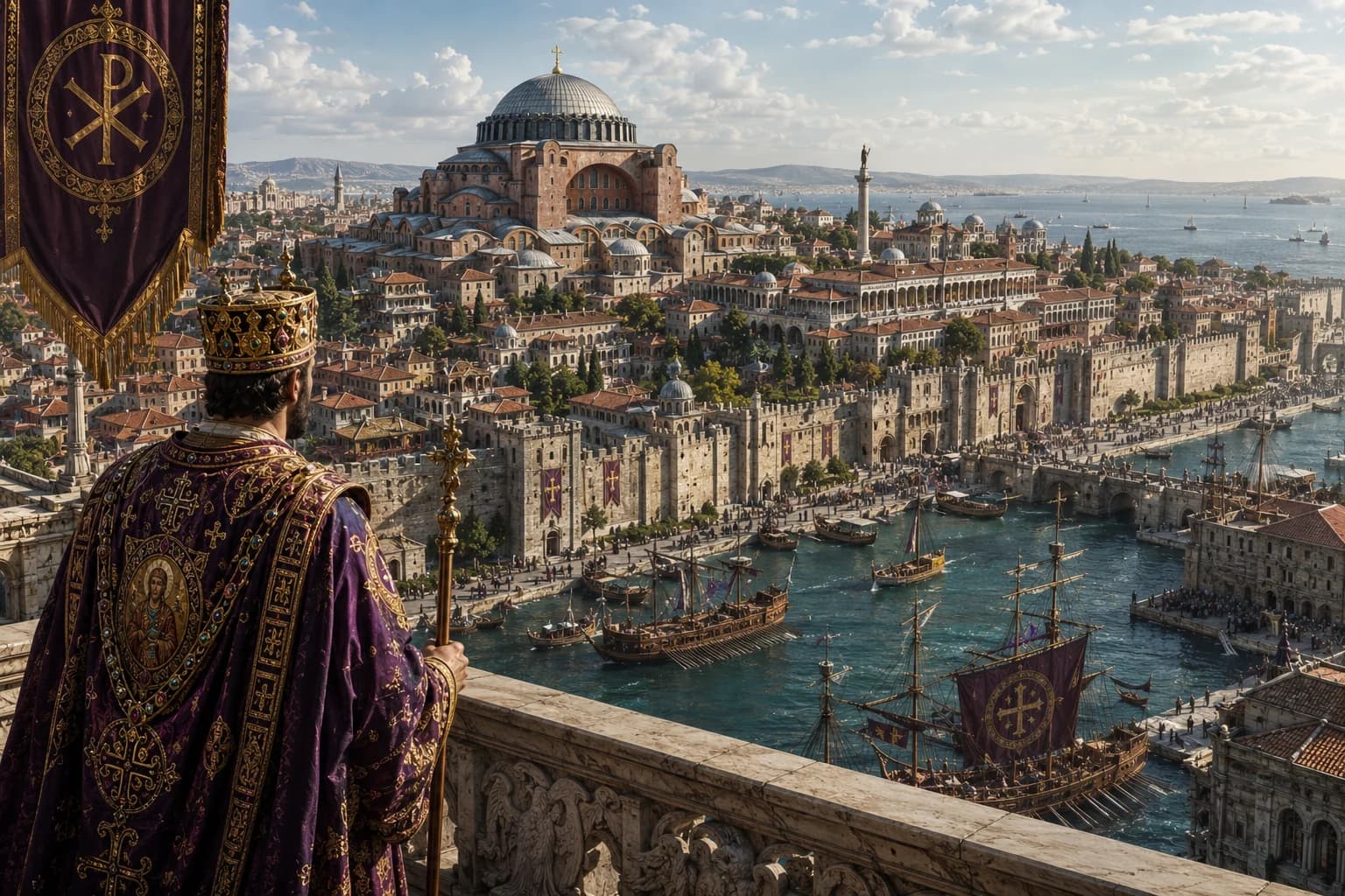A Byzantine ruler overlooking Constantinople, Hagia Sophia and ships on the Bosporus beneath imperial purple banners.