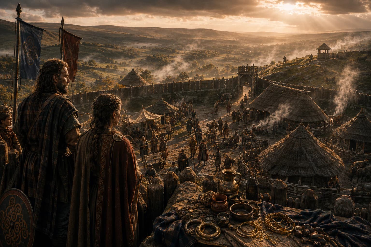 Celtic leaders and warriors look over a hillfort settlement before Roman conquest.