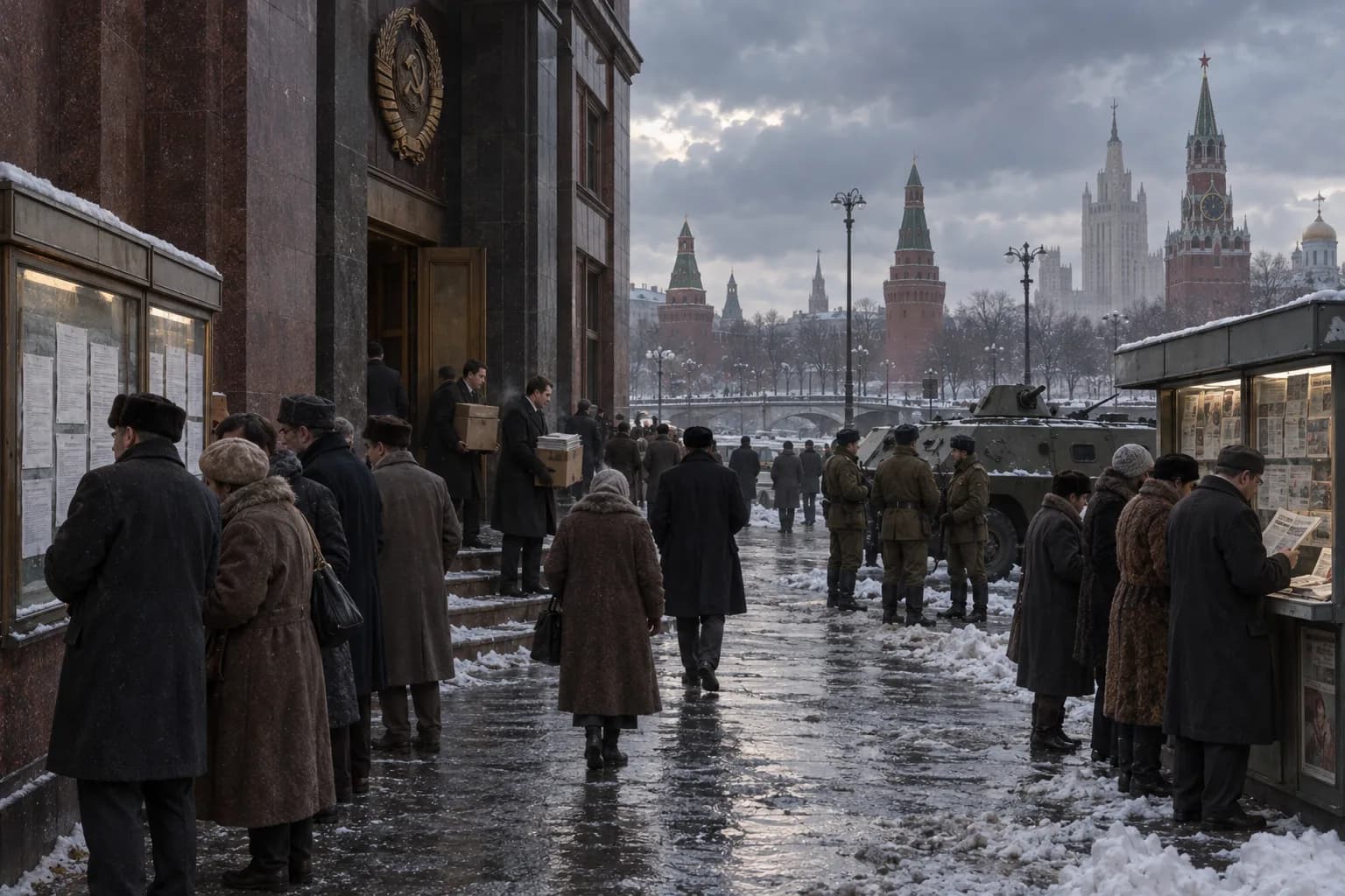 Citizens, clerks, soldiers, noticeboards, and a plain armored vehicle fill a winter Moscow street as Soviet authority unravels in 1991.