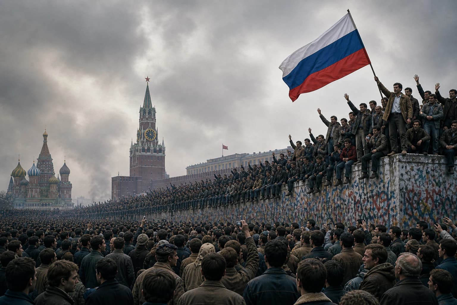 Crowds celebrating atop the Berlin Wall as it falls, with the Soviet hammer and sickle flag being lowered for the last time over the Kremlin