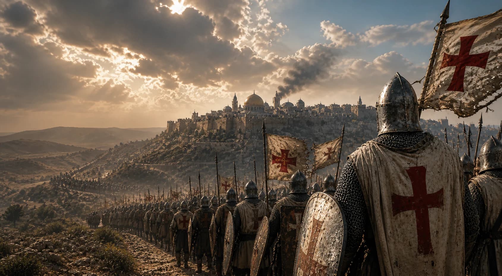 Crusader knights marching beneath a blazing sun toward the walled city of Jerusalem
