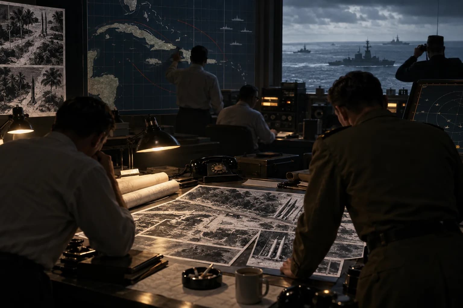 Anonymous analysts and officers study aerial photographs, radio equipment, and naval plotting boards during the Cuban Missile Crisis.