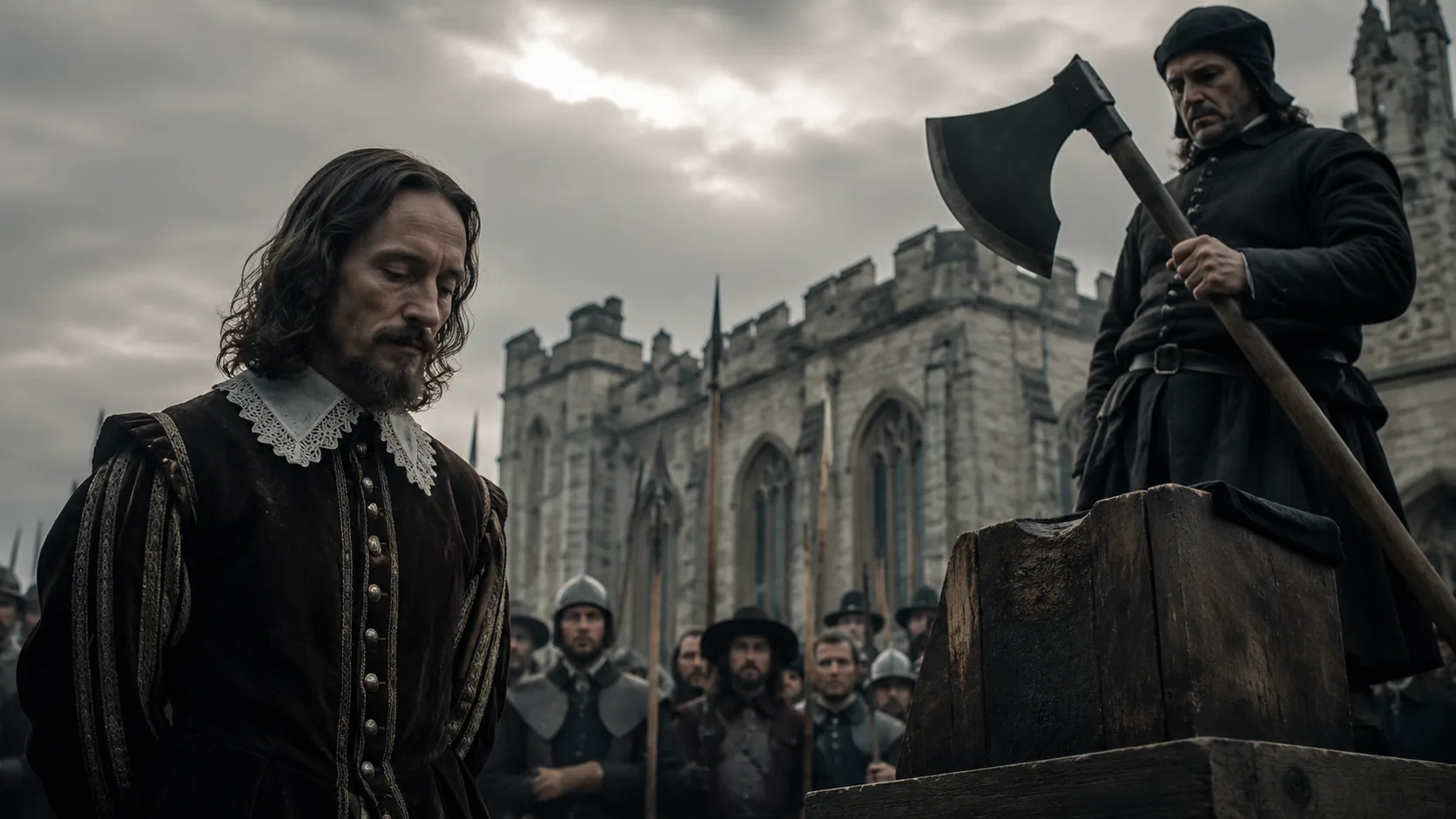 Charles I standing beside a scaffold block as an executioner holds an axe before a crowd at Whitehall