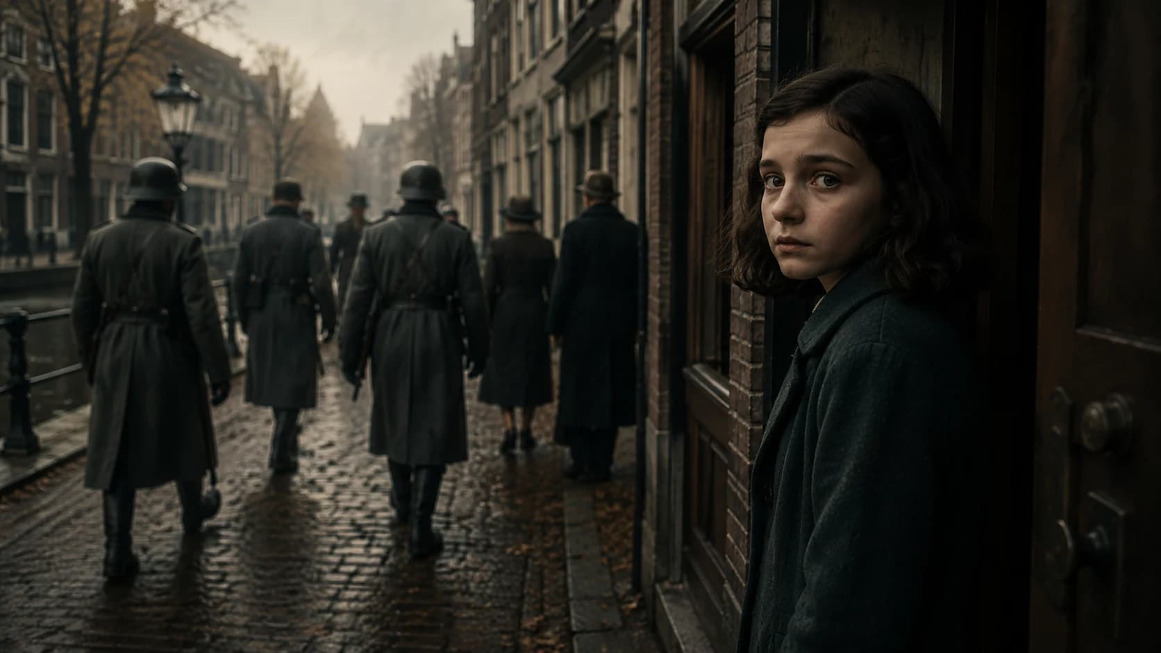 A young Jewish girl standing in a doorway in occupied Amsterdam as soldiers move along a canal street