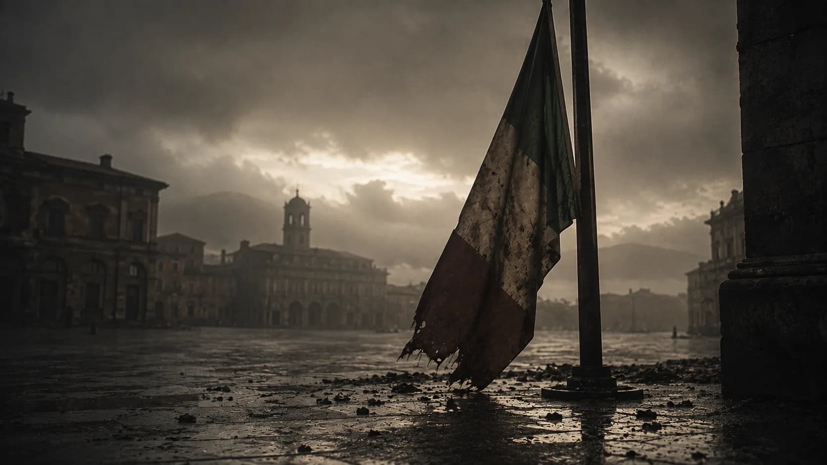 A torn Italian flag hanging in a rain-darkened square after the collapse of Fascist Italy