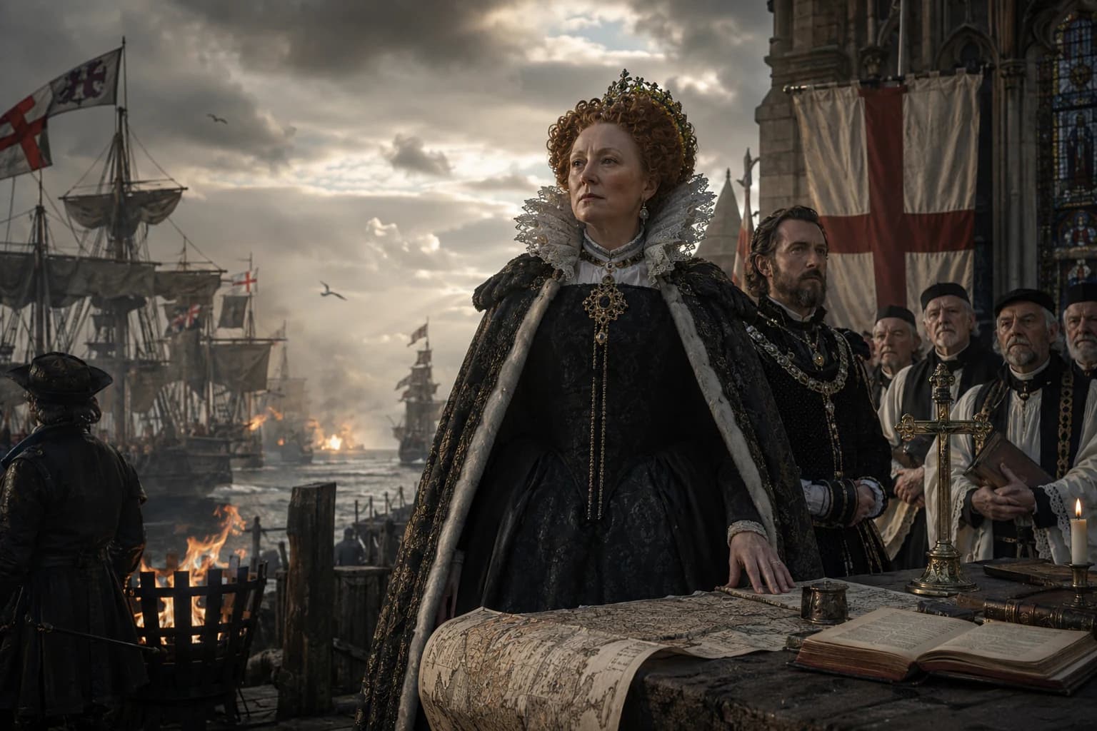 Queen Elizabeth I presiding over a flourishing Elizabethan court during England’s golden age