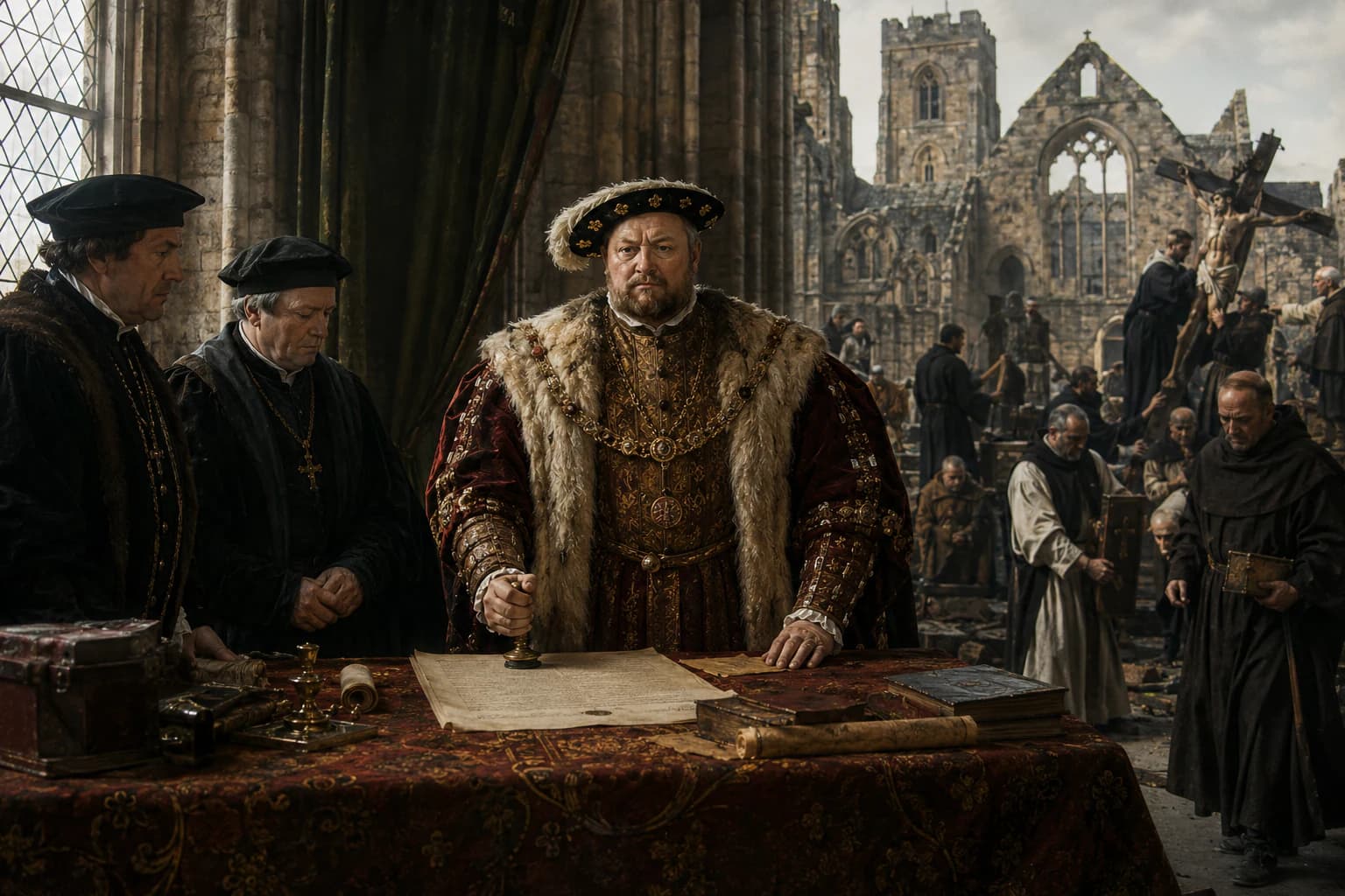 King Henry VIII presiding over a court during the English Reformation