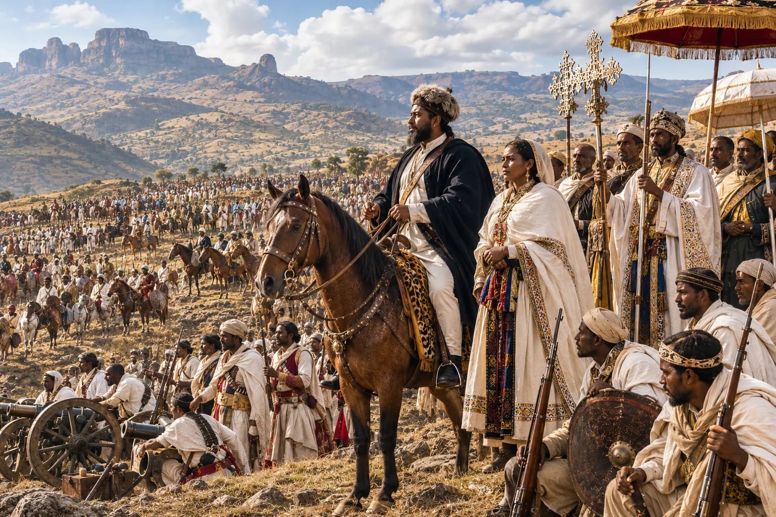 An Ethiopian emperor on horseback with clergy, soldiers and imperial attendants in the Ethiopian highlands.