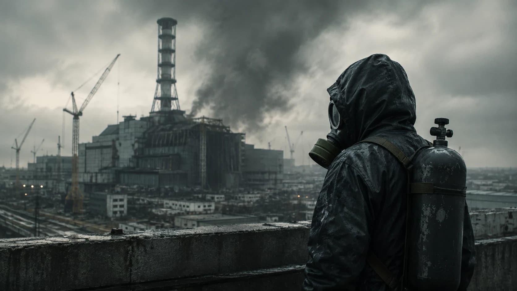 A person in protective gear overlooking the damaged Chernobyl reactor as smoke rises into a stormy sky