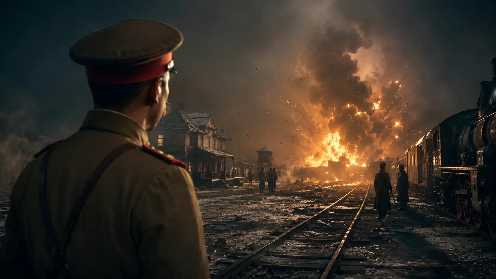A railway explosion near Mukden watched by Japanese soldiers at night