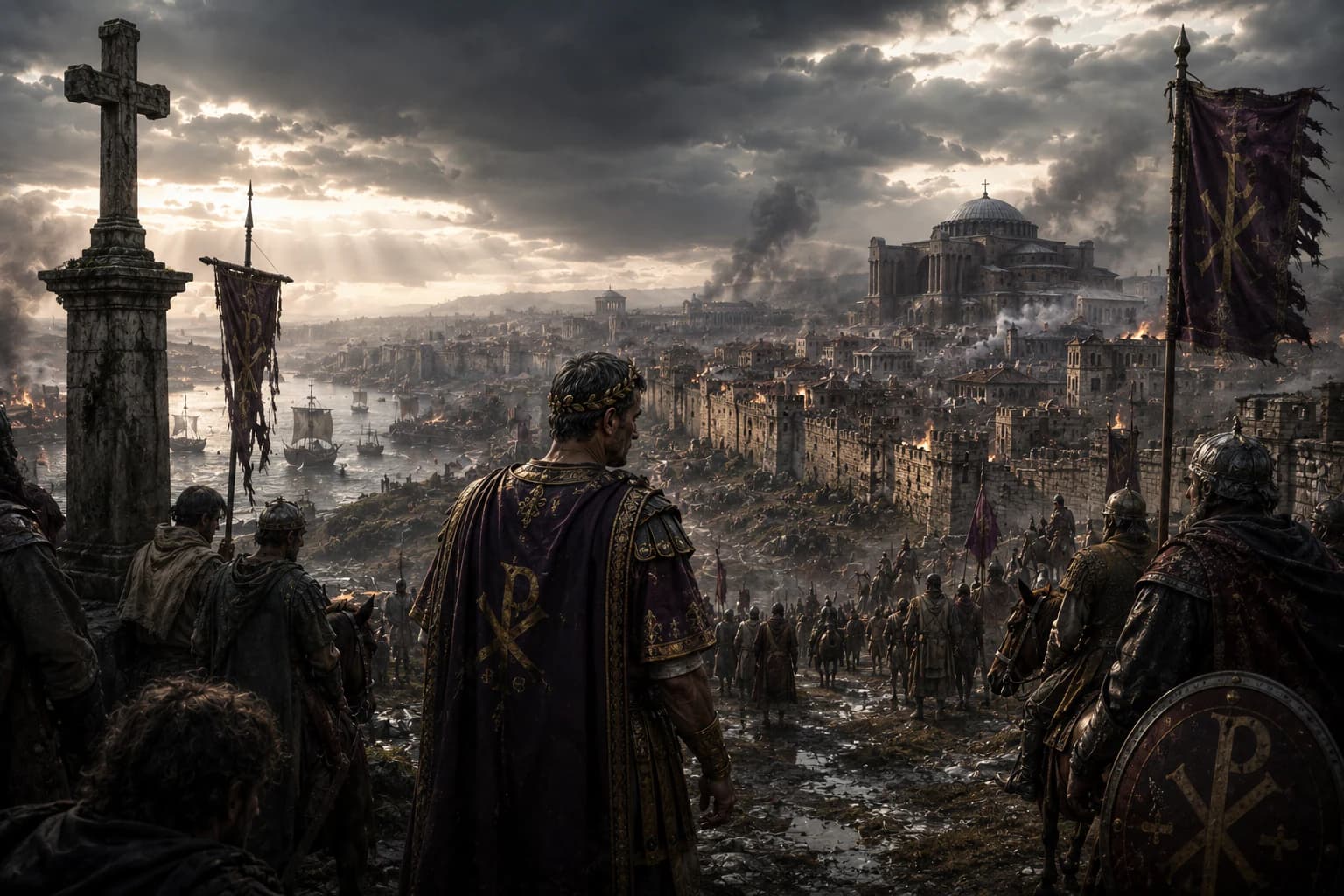 A Roman city falling into ruin as Germanic warriors cross the frontier