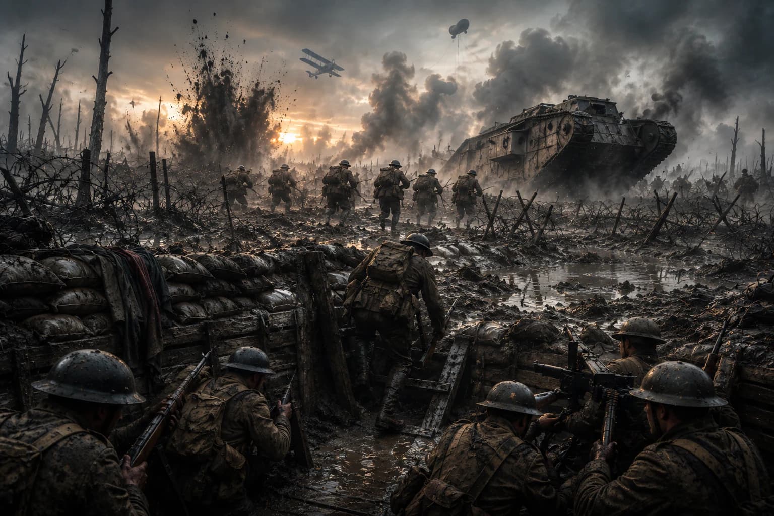 First World War soldiers in muddy trenches at dawn beneath smoke and artillery fire.