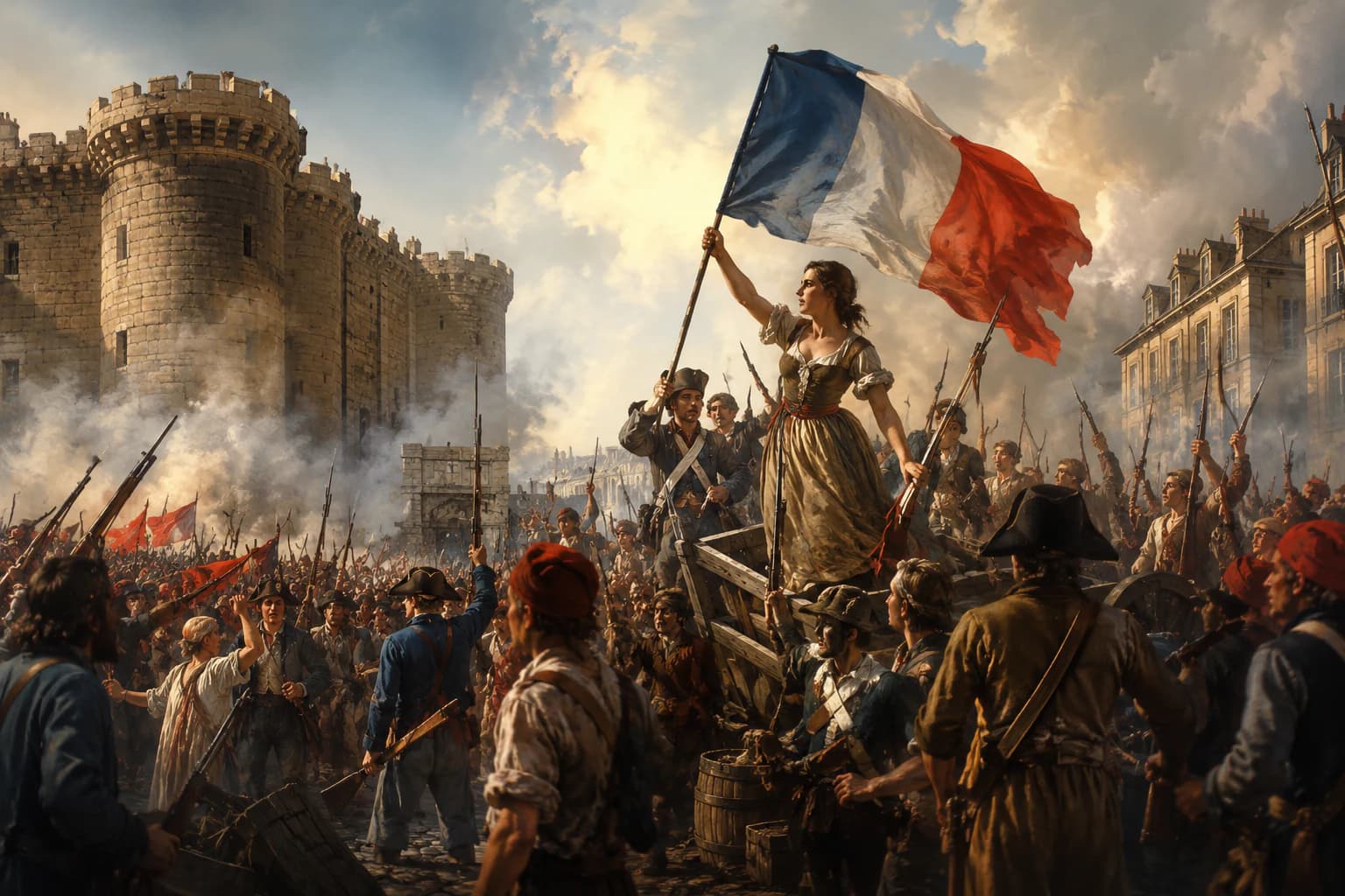 Revolutionary Paris — crowds storming the Bastille, the tricolour rising over the old order.