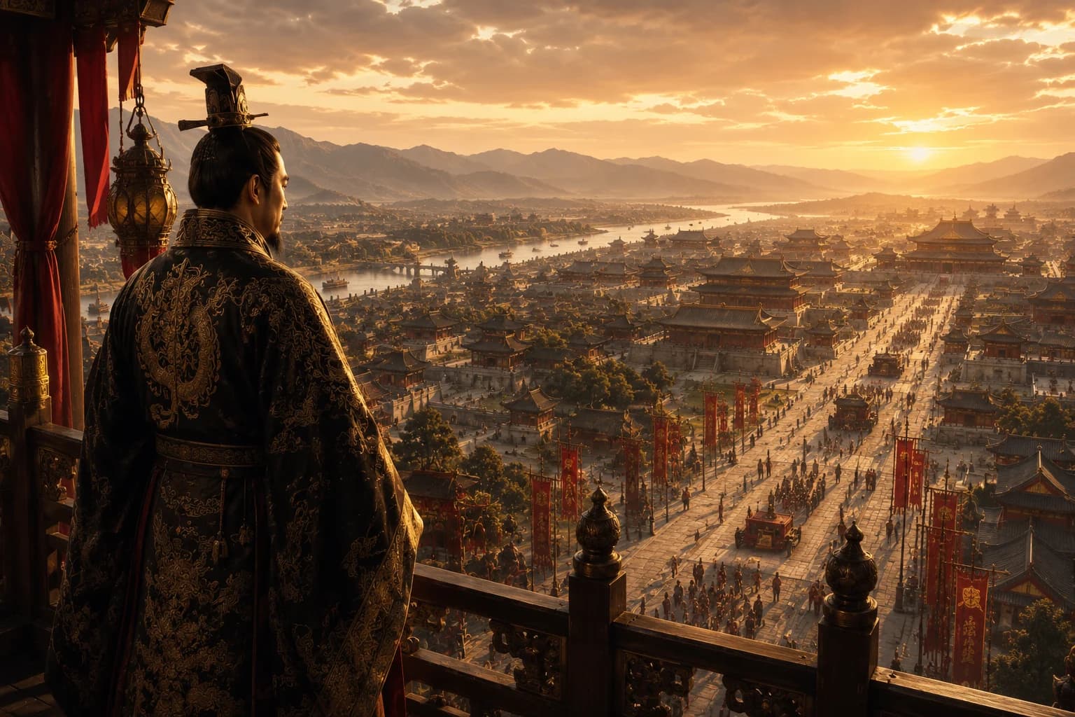 The Han dynasty at its height, with Chang'an, imperial officials, frontier soldiers, and Silk Road routes extending west.
