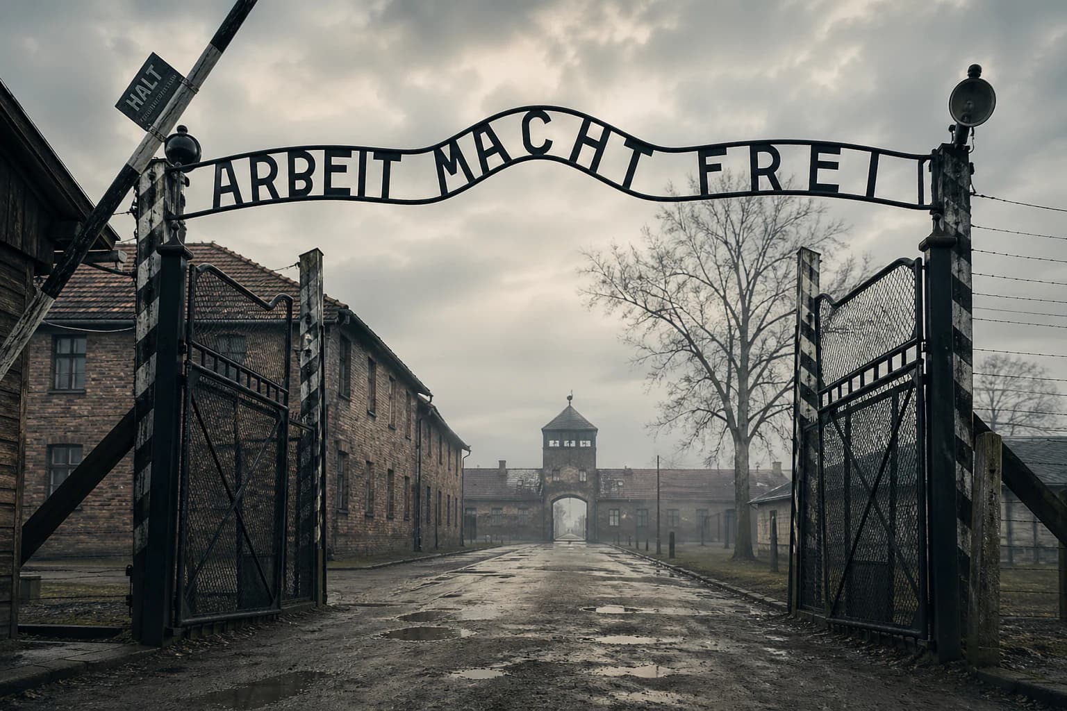 The gatehouse of Auschwitz-Birkenau, the largest Nazi killing centre, photographed after liberation in 1945
