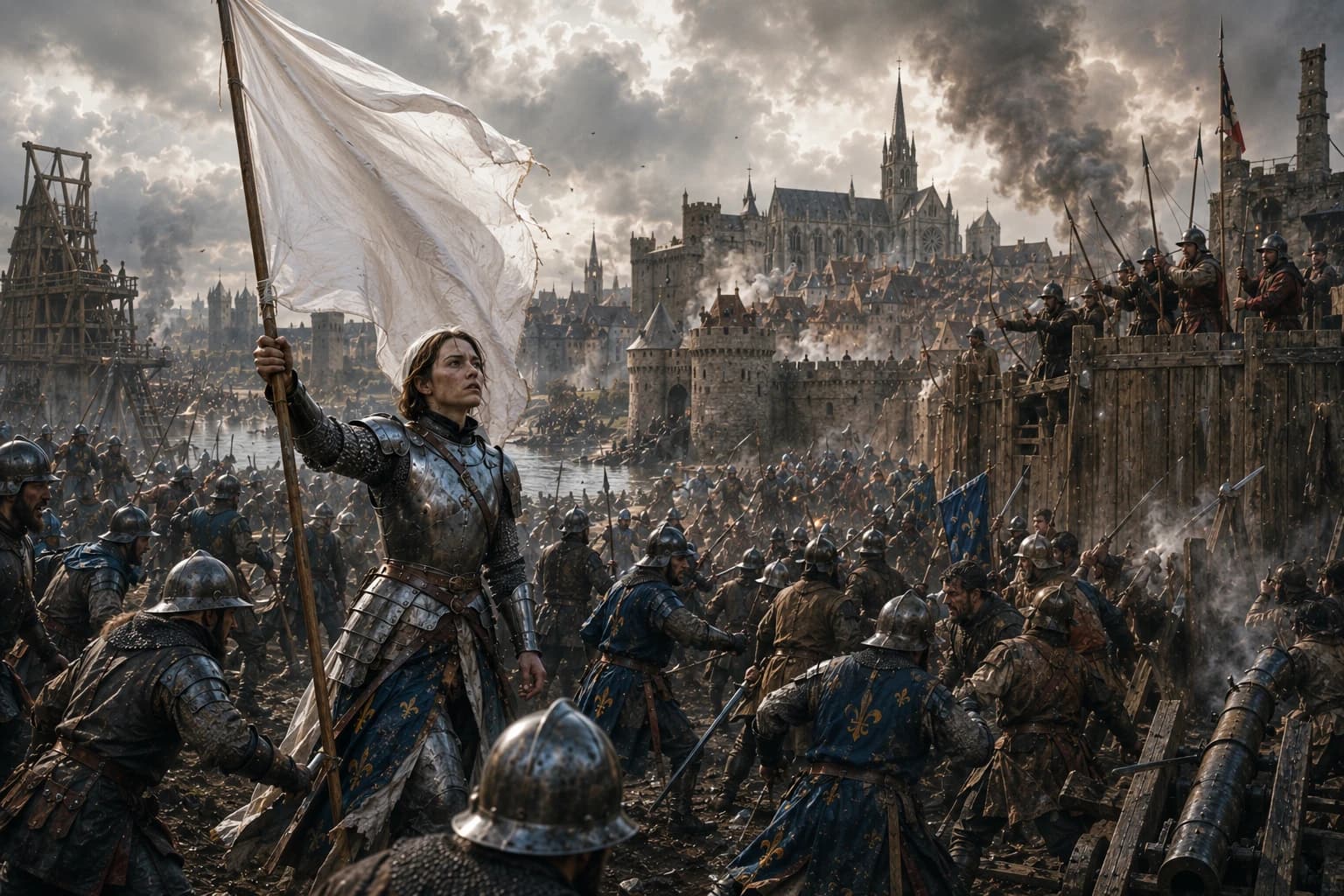 French and English soldiers clashing outside a medieval city during the Hundred Years War.