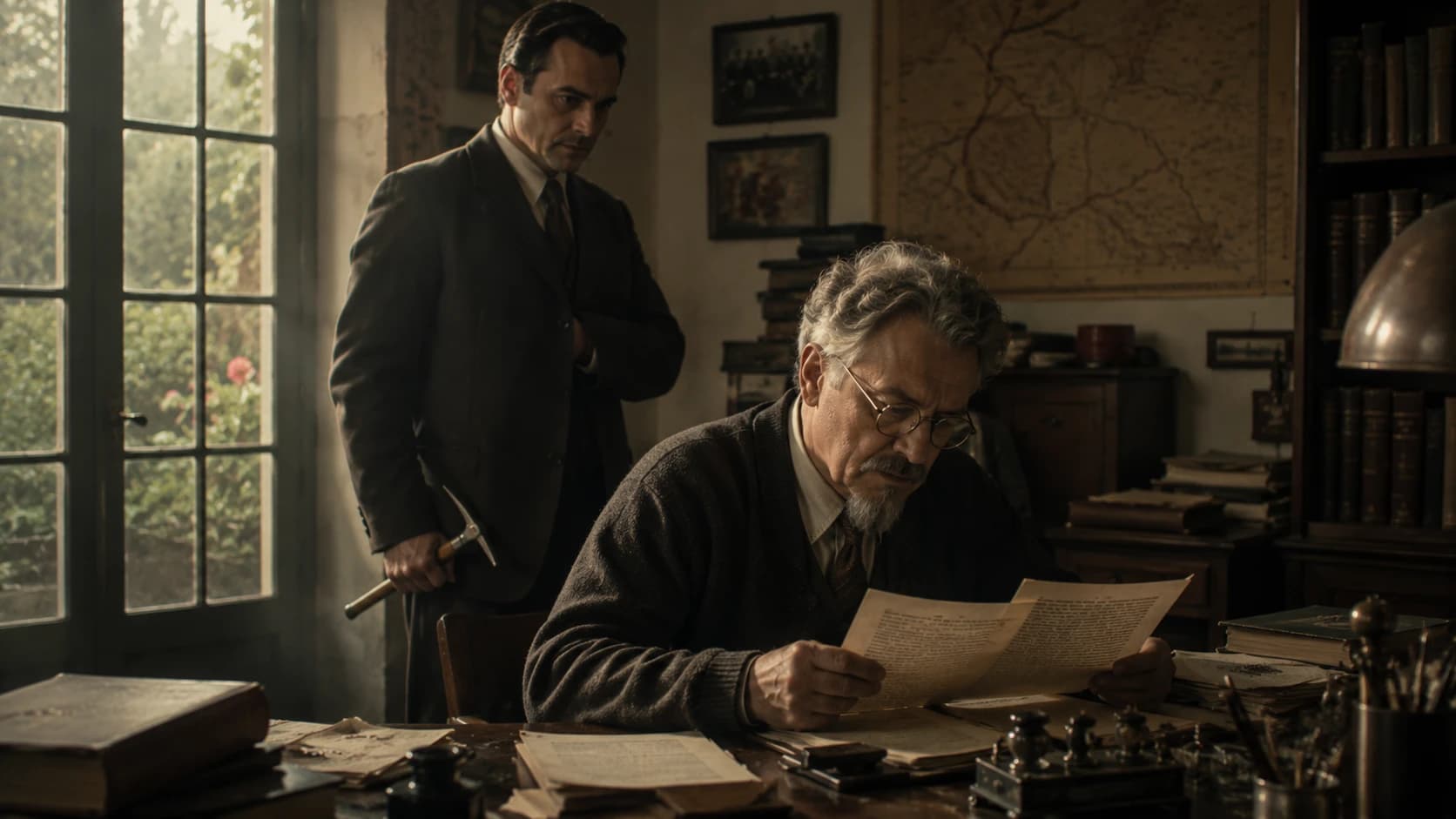 Leon Trotsky reading at his desk in Coyoacan while an assassin stands behind him holding a concealed ice axe