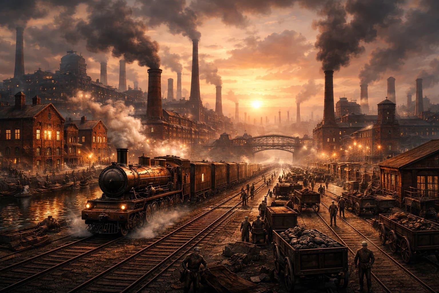 Factories, steam engines and railways of the Industrial Revolution.