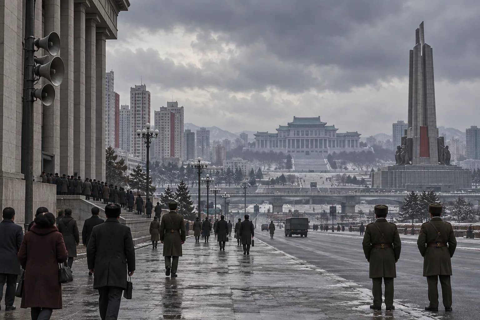 A winter view across Pyongyang civic space shows distant monuments, apartment blocks, loudspeakers, guards, and civilians moving under an overcast sky.