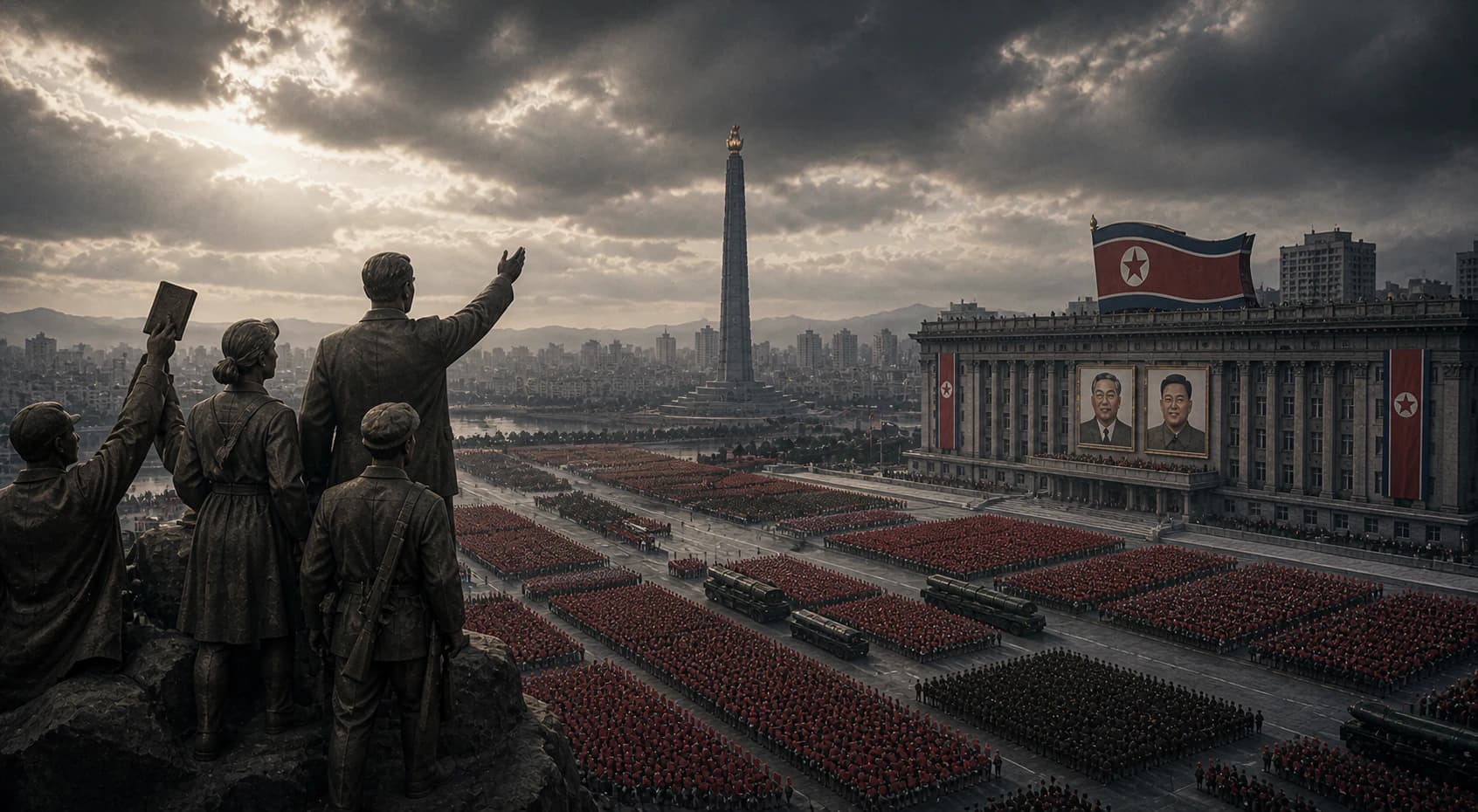 Mass gathering in Kim Il Sung Square beneath North Korean flags and state monuments.