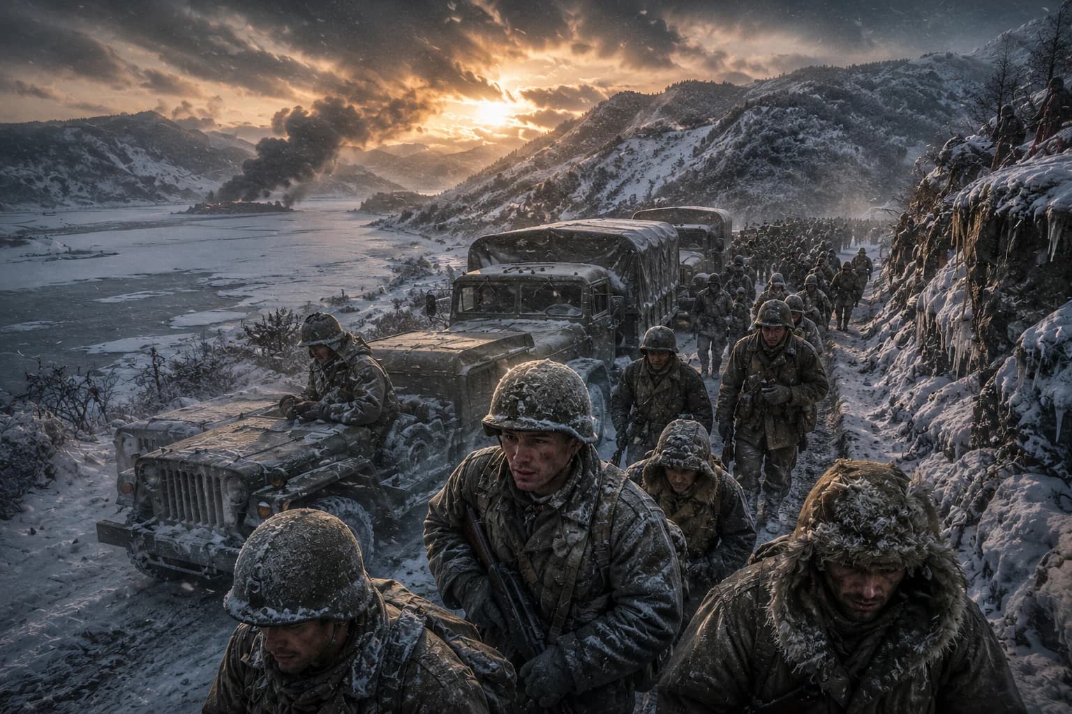 Korean War battlefield with soldiers advancing through smoke across a divided peninsula.