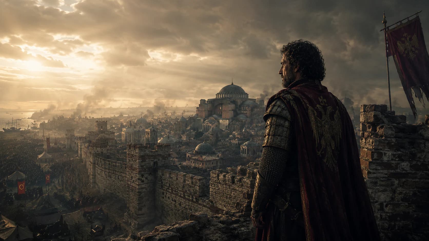 A Byzantine emperor looking over besieged Constantinople as Ottoman forces gather beyond the walls