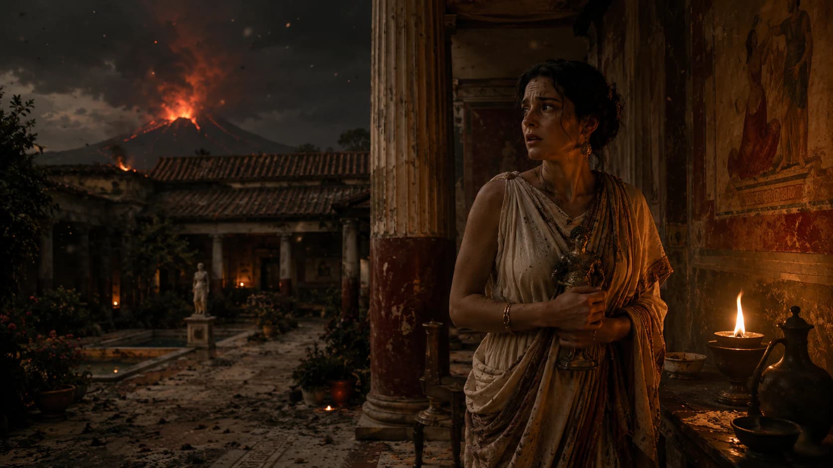 A woman sheltering inside a Pompeian house as Mount Vesuvius erupts in the distance
