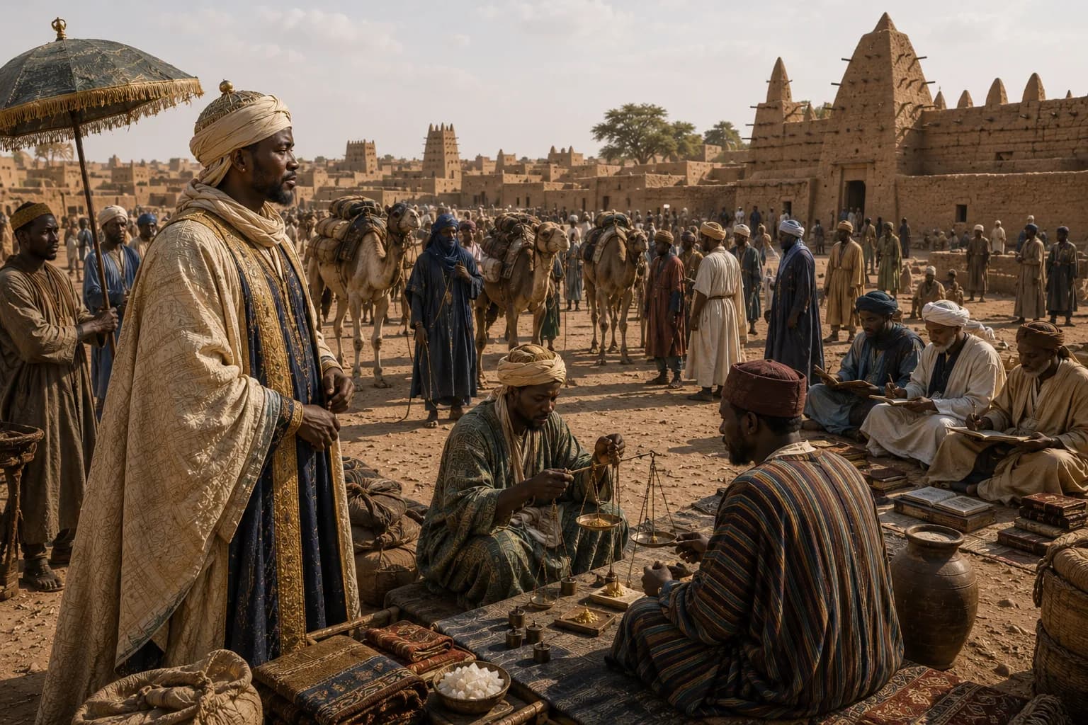 A wealthy Malian ruler watches merchants weighing gold in a busy Sahelian city with mud-brick architecture, camels, scholars and traders.