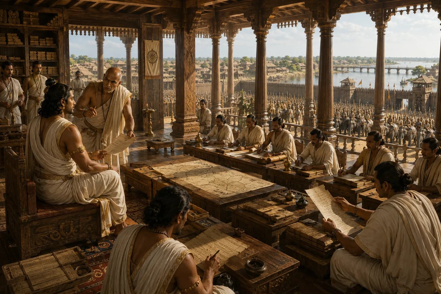 Mauryan officials and advisers studying maps and palm-leaf records inside a palace overlooking Pataliputra and the Ganges.