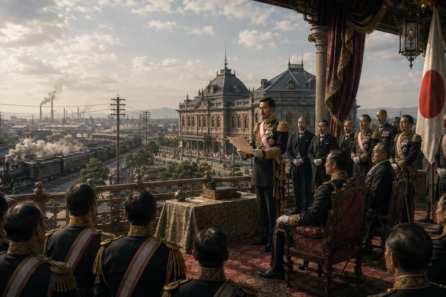 Emperor Meiji and officials overlooking a modernising Japanese city with railways, factories and imperial ceremony.