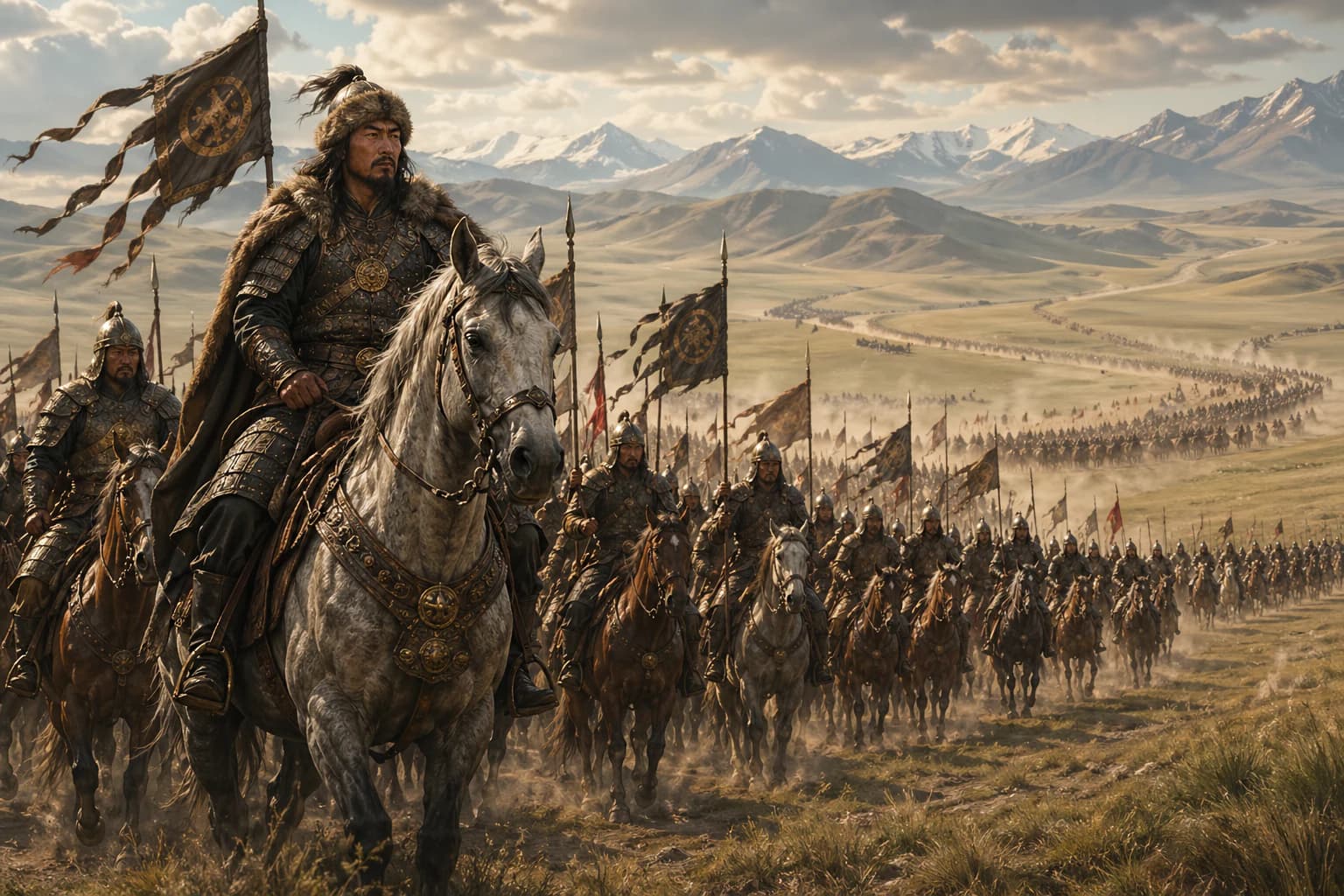 Mongol horsemen crossing the vast Eurasian steppe.