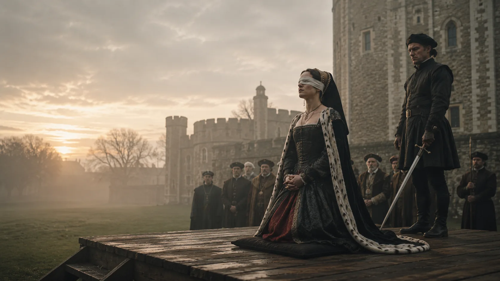 Anne Boleyn kneeling on a scaffold inside the Tower of London at dawn as a swordsman stands nearby