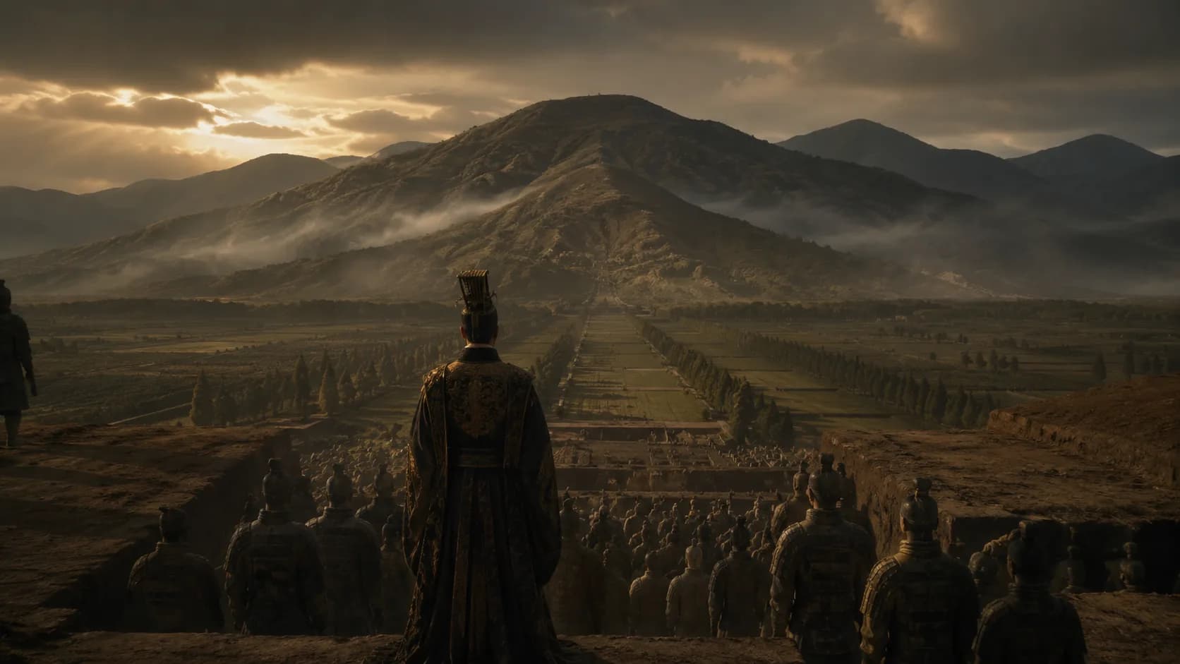 Qin Shi Huang looking toward a burial mound guarded by terracotta soldiers beneath a dramatic sky