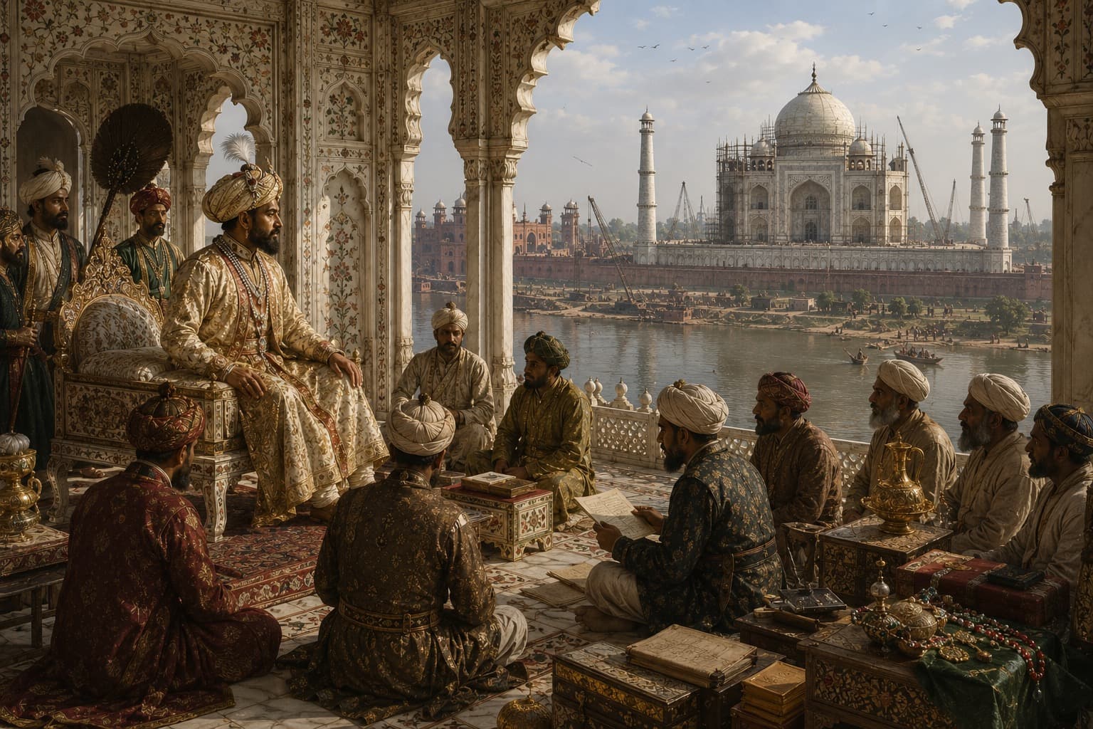 Mughal emperor and courtiers in a richly decorated palace overlooking the Taj Mahal under construction beside the Yamuna River.