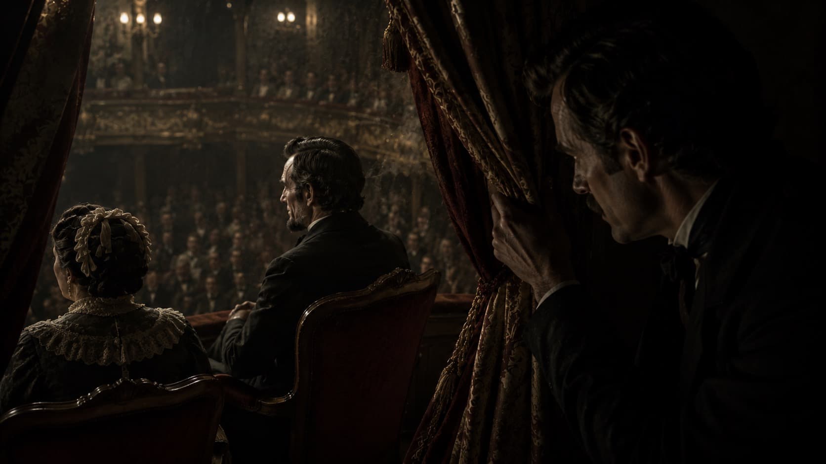 Abraham Lincoln and Mary Todd Lincoln seated in Ford's Theatre as John Wilkes Booth watches from behind a curtain