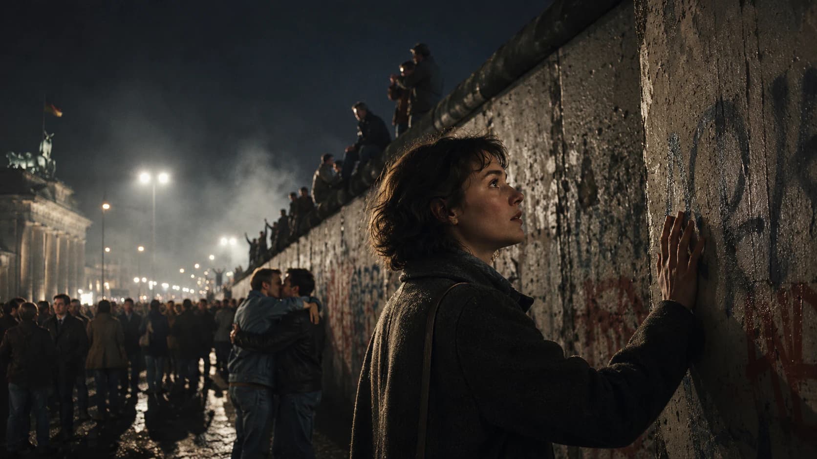 Berliners gathering at the Berlin Wall at night as crowds climb and celebrate near the Brandenburg Gate