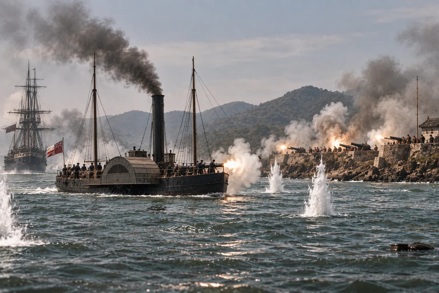 British steamships and sailing vessels bombard Qing coastal defences during the Opium Wars.