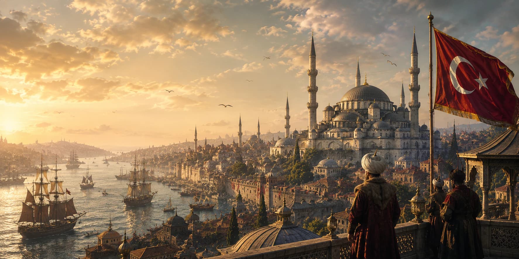 Ottoman banners over Istanbul, with soldiers, merchants, mosques, and imperial ships linking three continents.