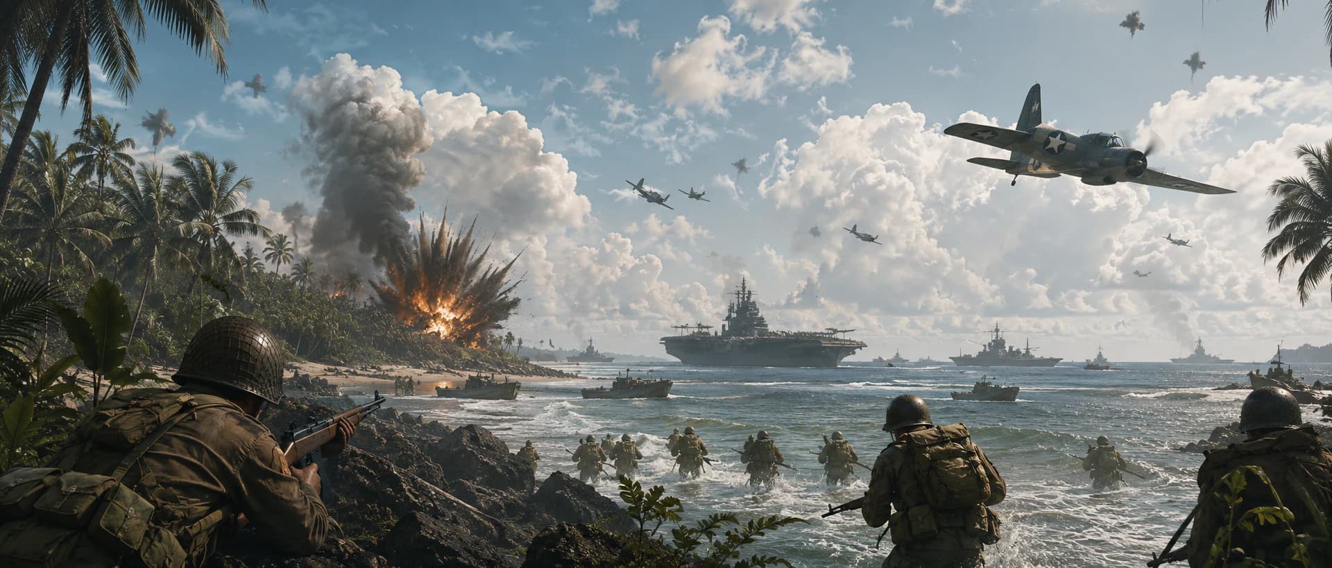 Carrier aircraft, burning ships, occupied cities, and island fighting across the vast Pacific war.